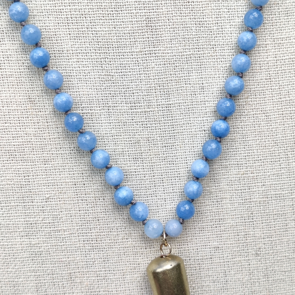 Boho 34" blue angelite stone necklace with leather tassel